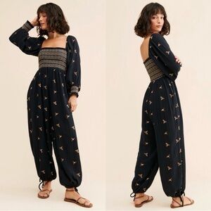 Free People Dahlia Embroidered Jumpsuit Black Combo XS
